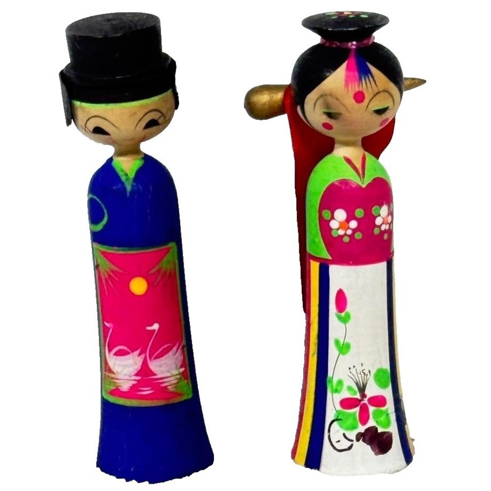 Vintage Korean Wooden‎ Wedding Dolls Hand Painted Folk Art Pair Multi Color